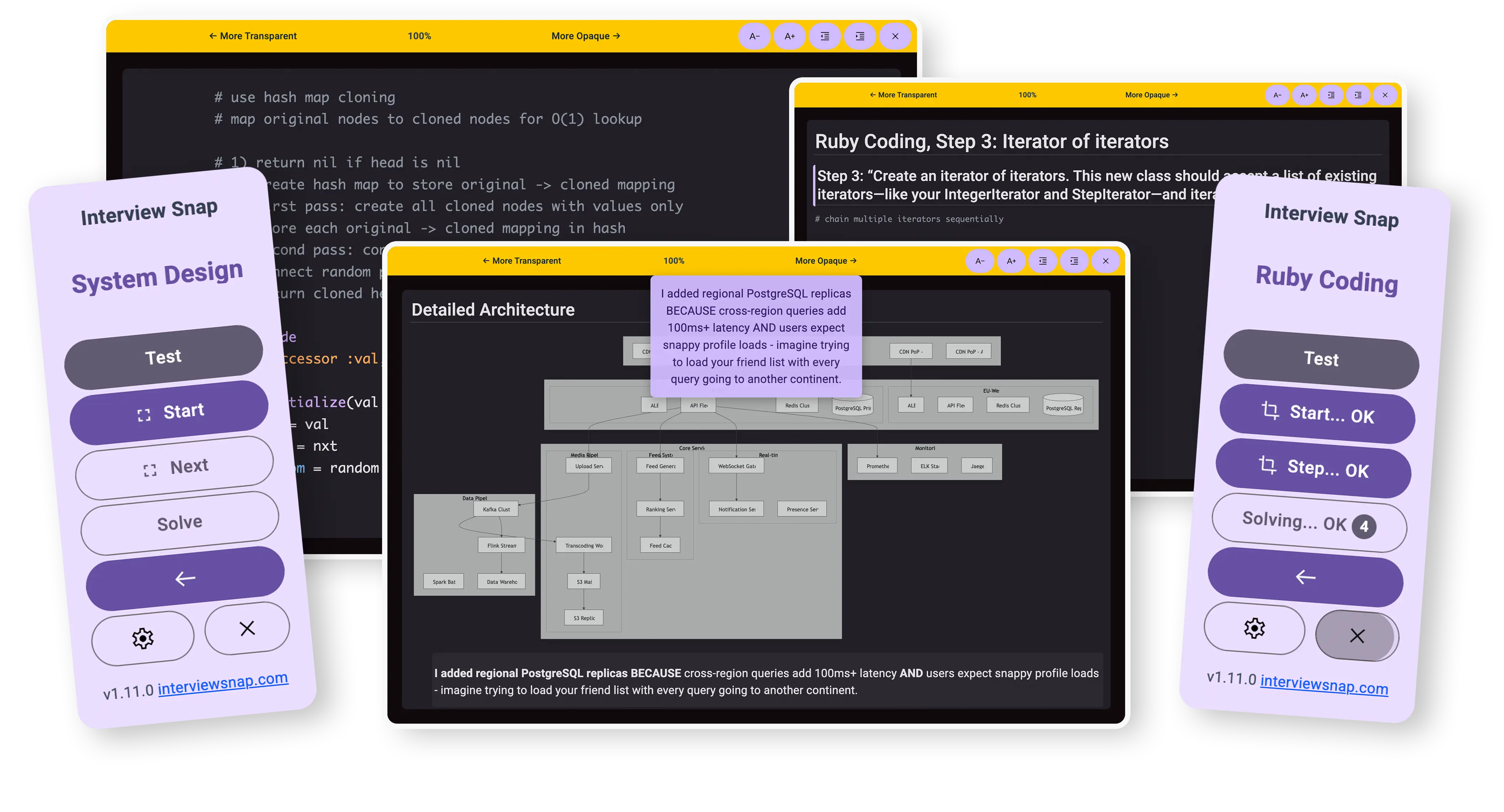 Interview Snap app overview showing system design and coding interfaces